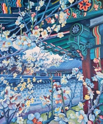 PALACE-PLUM-BLOSSOMS-SEOUL-GYEONGBOKGUNG-OIL-PAINTING-TAHNI-OSTERMAN