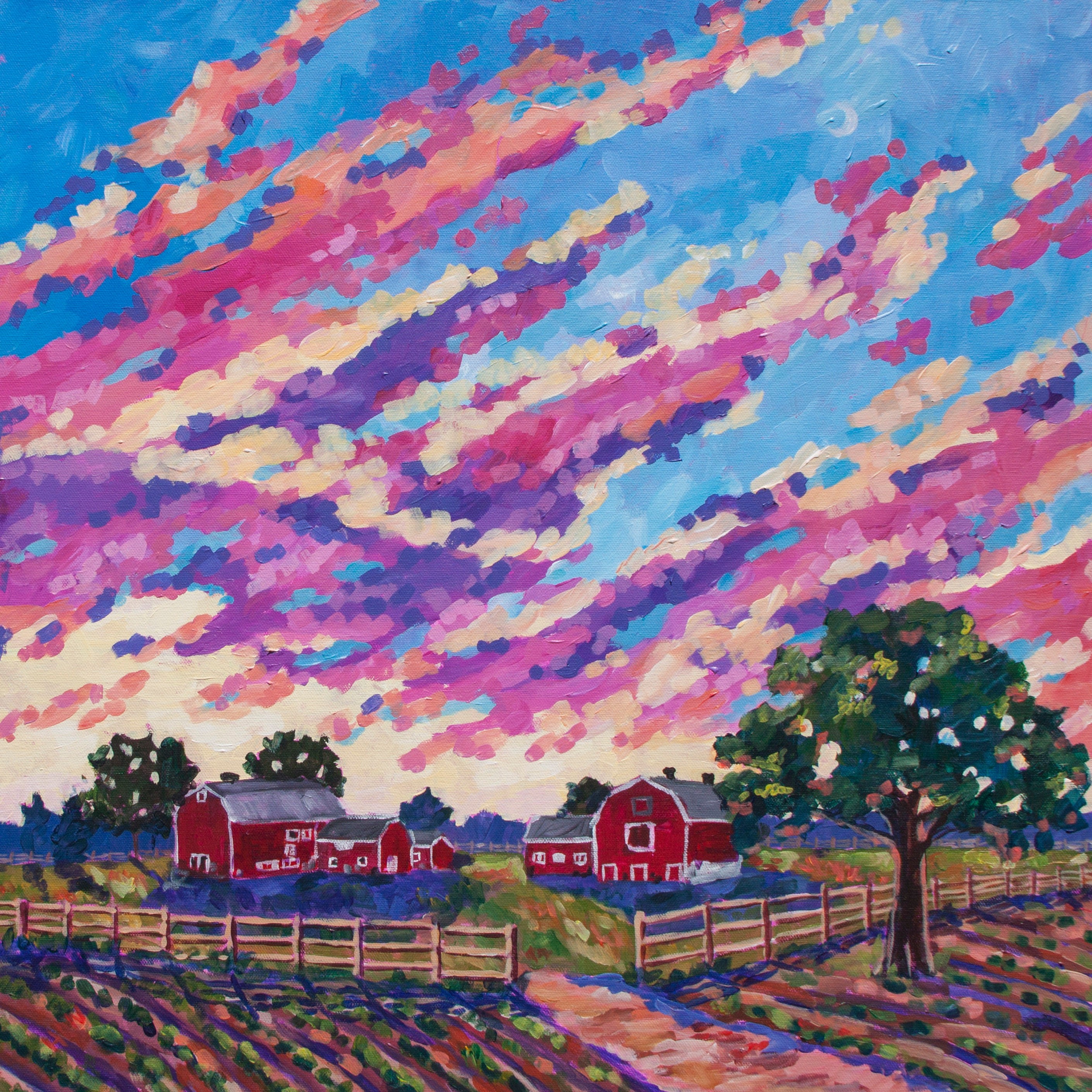 Knox farm with barns and fields at sunset with dramatic clouds
