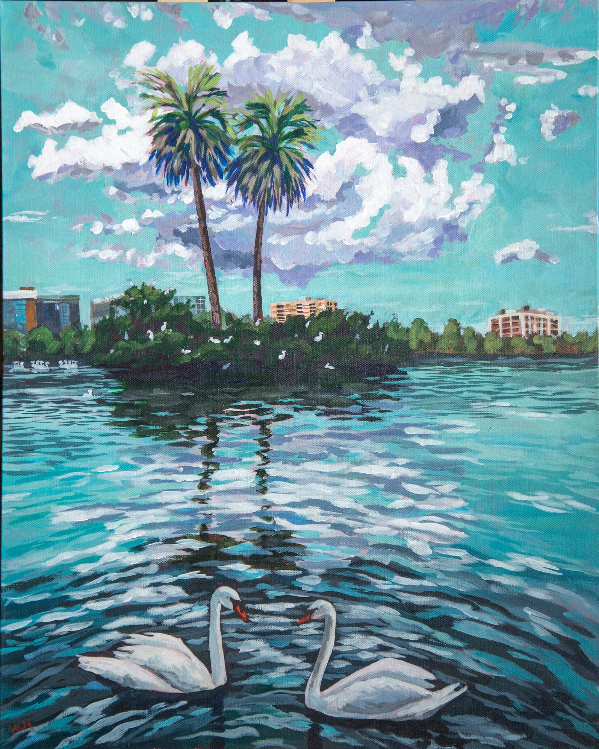 Two swans swimming in Lake Eola Orlando with palm trees and reflections of the clouds