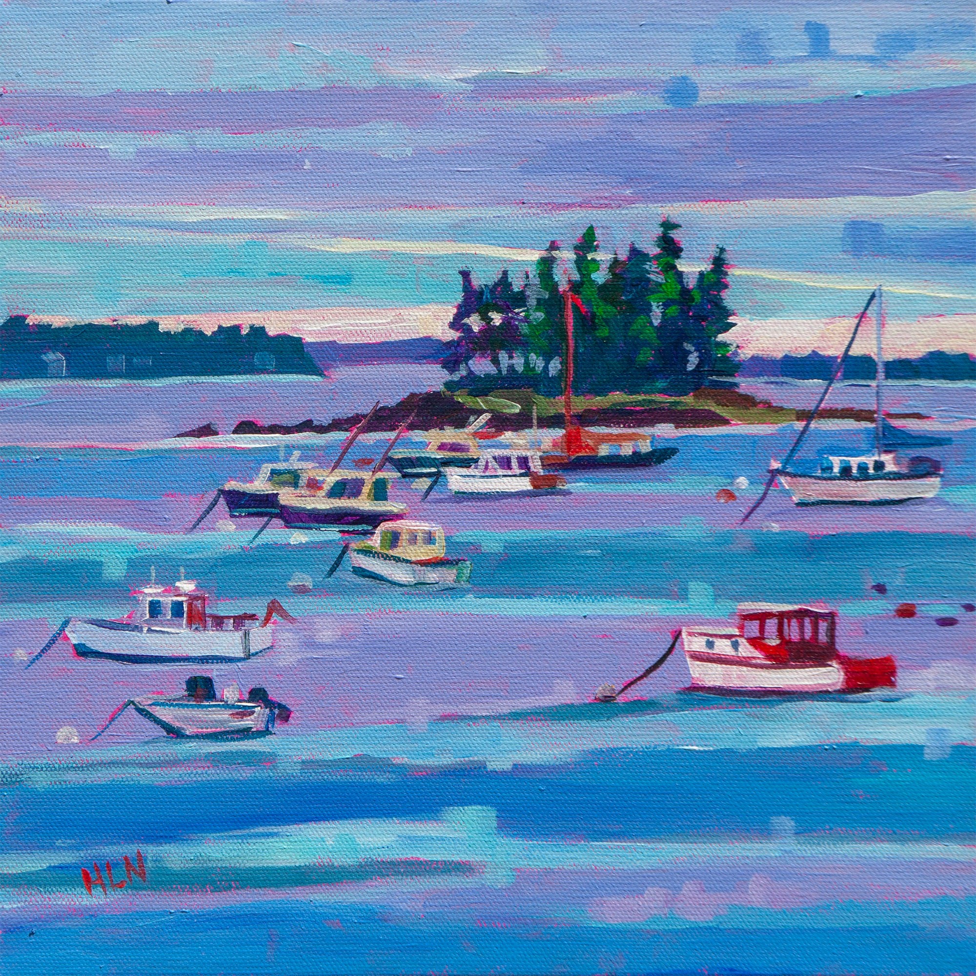 blue and purple stripes of water off Maine coast with anchored lobster boats