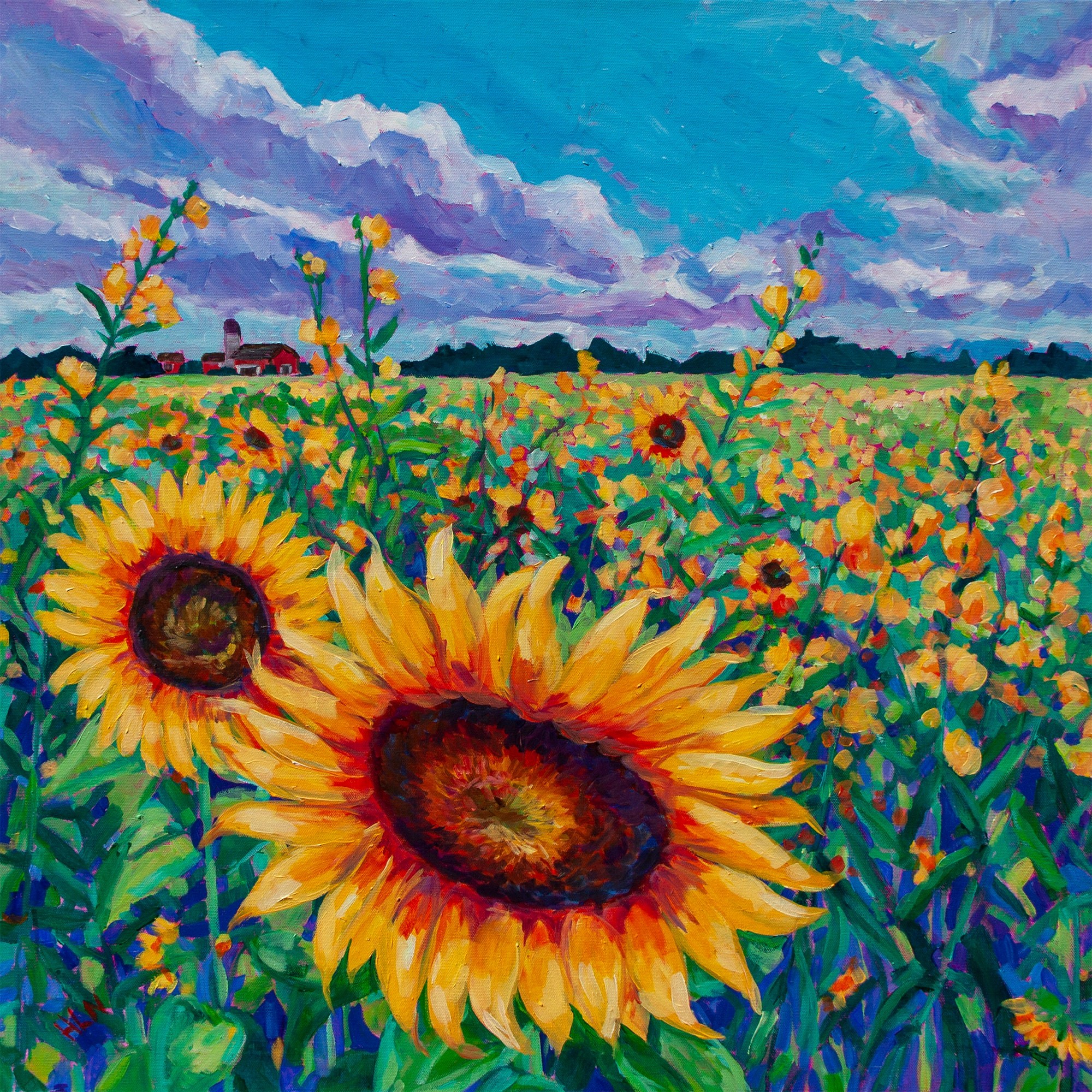 Two giant sunflowers in a field full of flowers and dramatic clouds