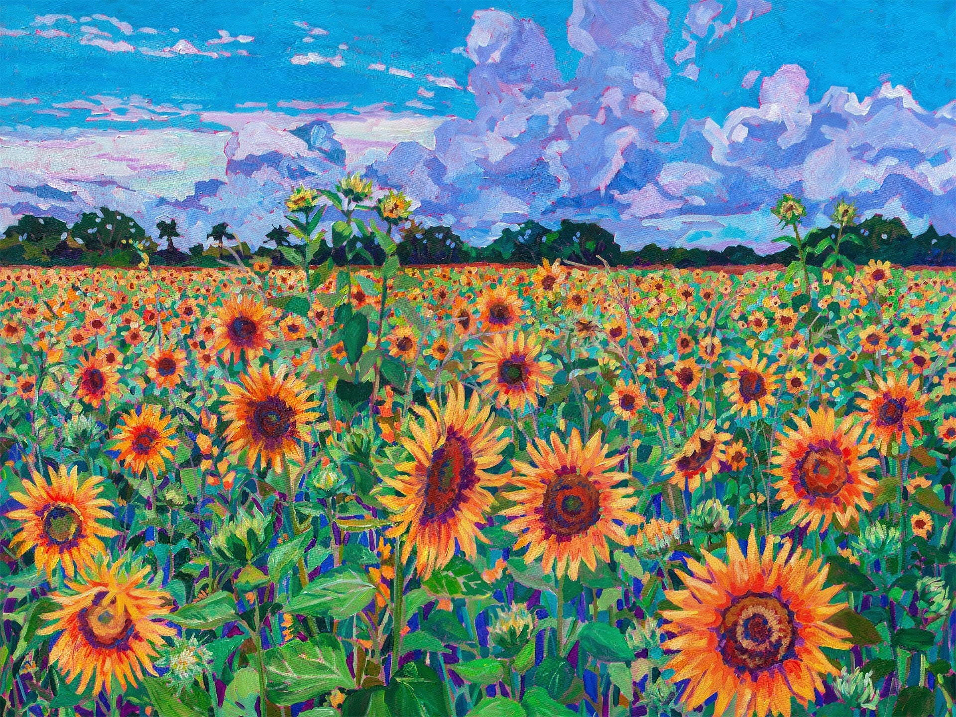 field of vibrant sunflowers with clouds on the horizon