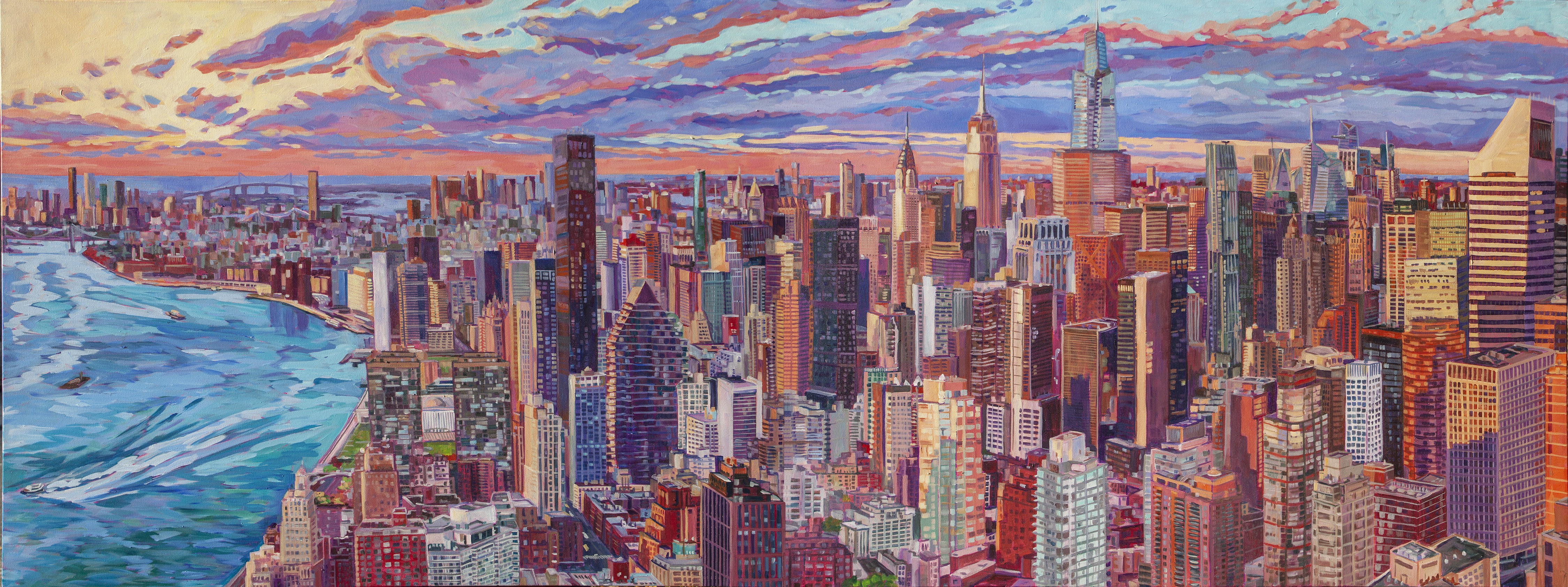 Midtown New York City Panoramic with many buildings and the East River at Sunrise