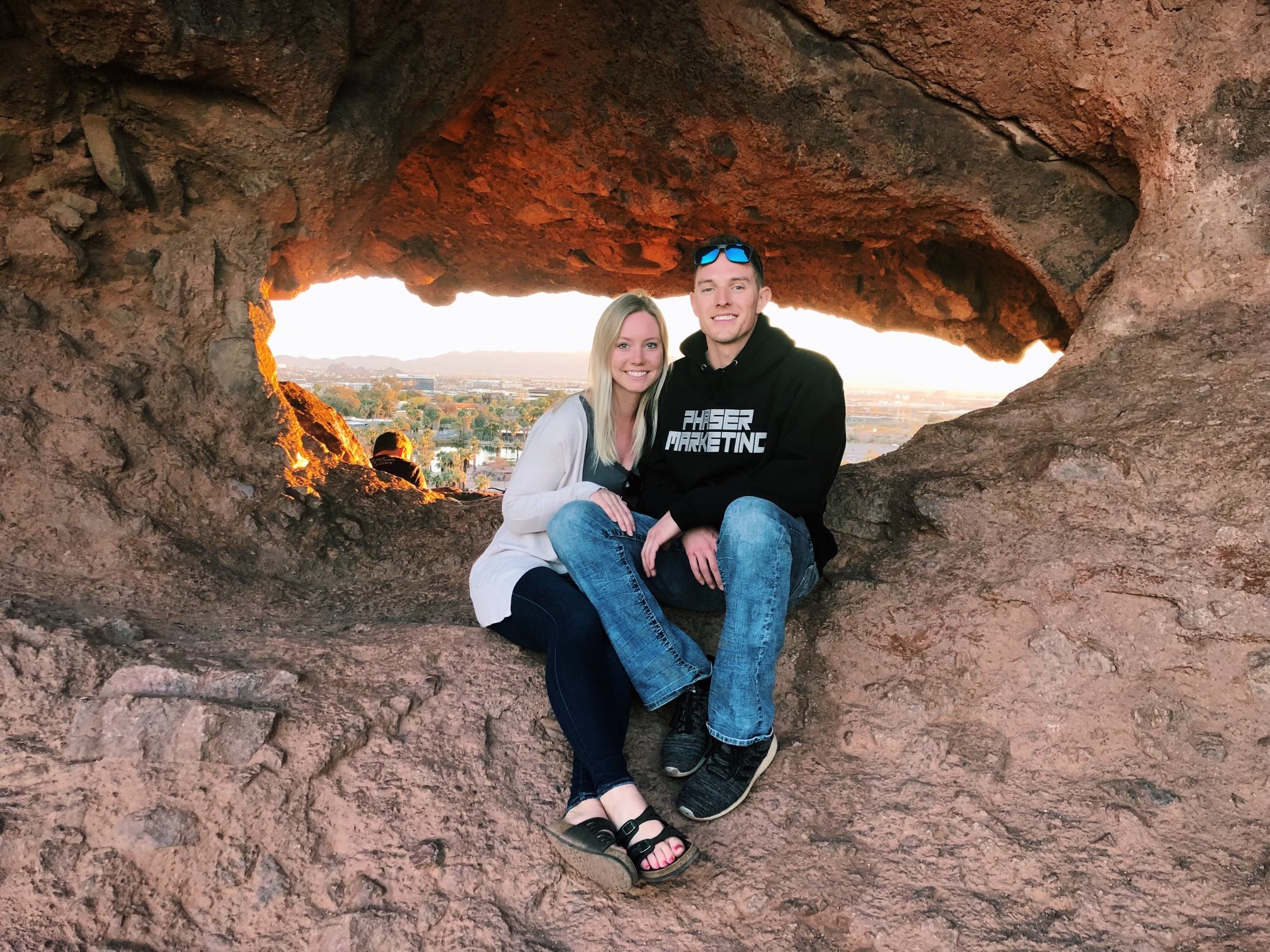 Enjoying a nice hike with the phaser marketing sweatshirt
