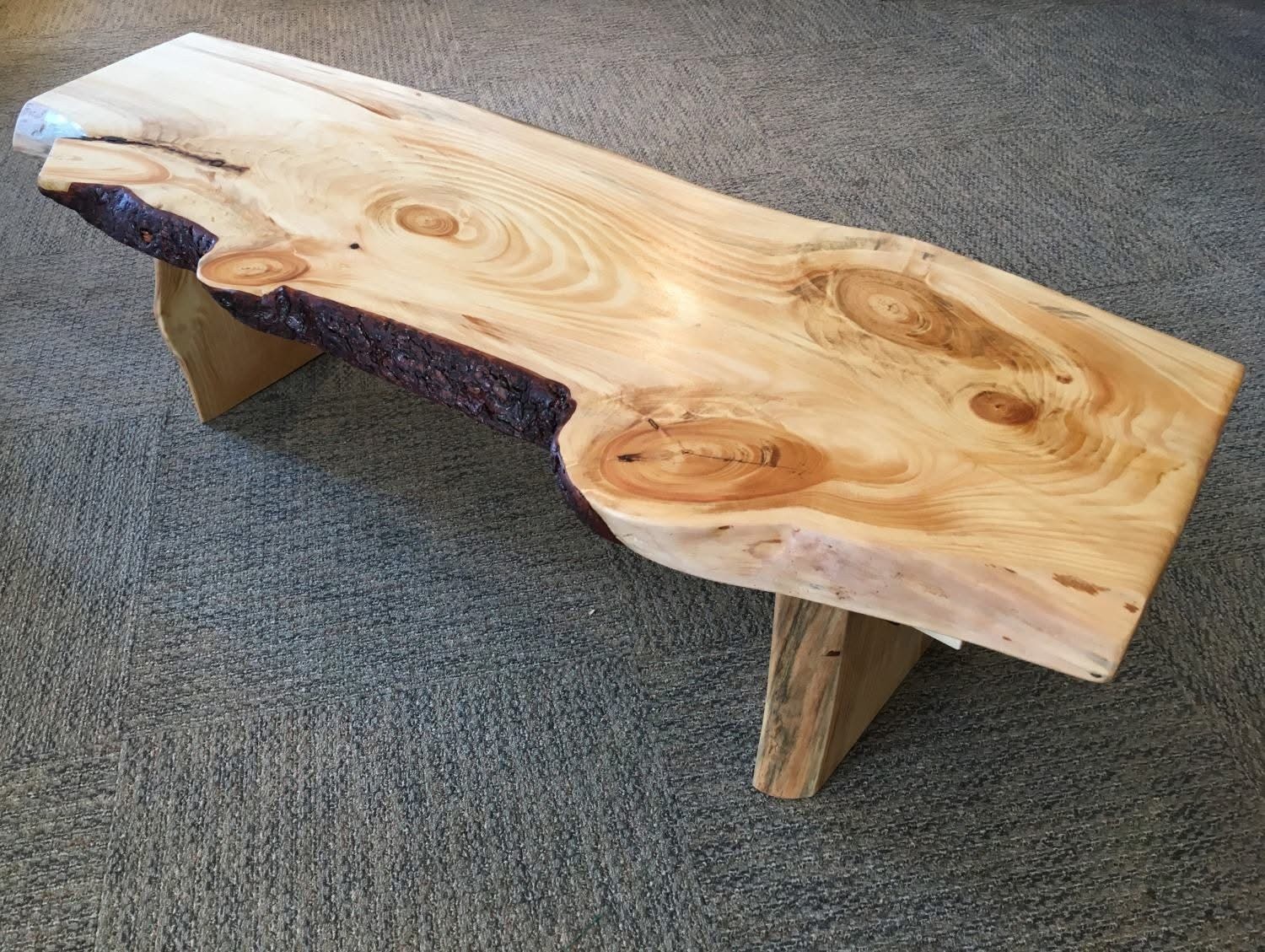 Ash live edge bench with wooden legs - very rustic with bark on part of the side of the bench