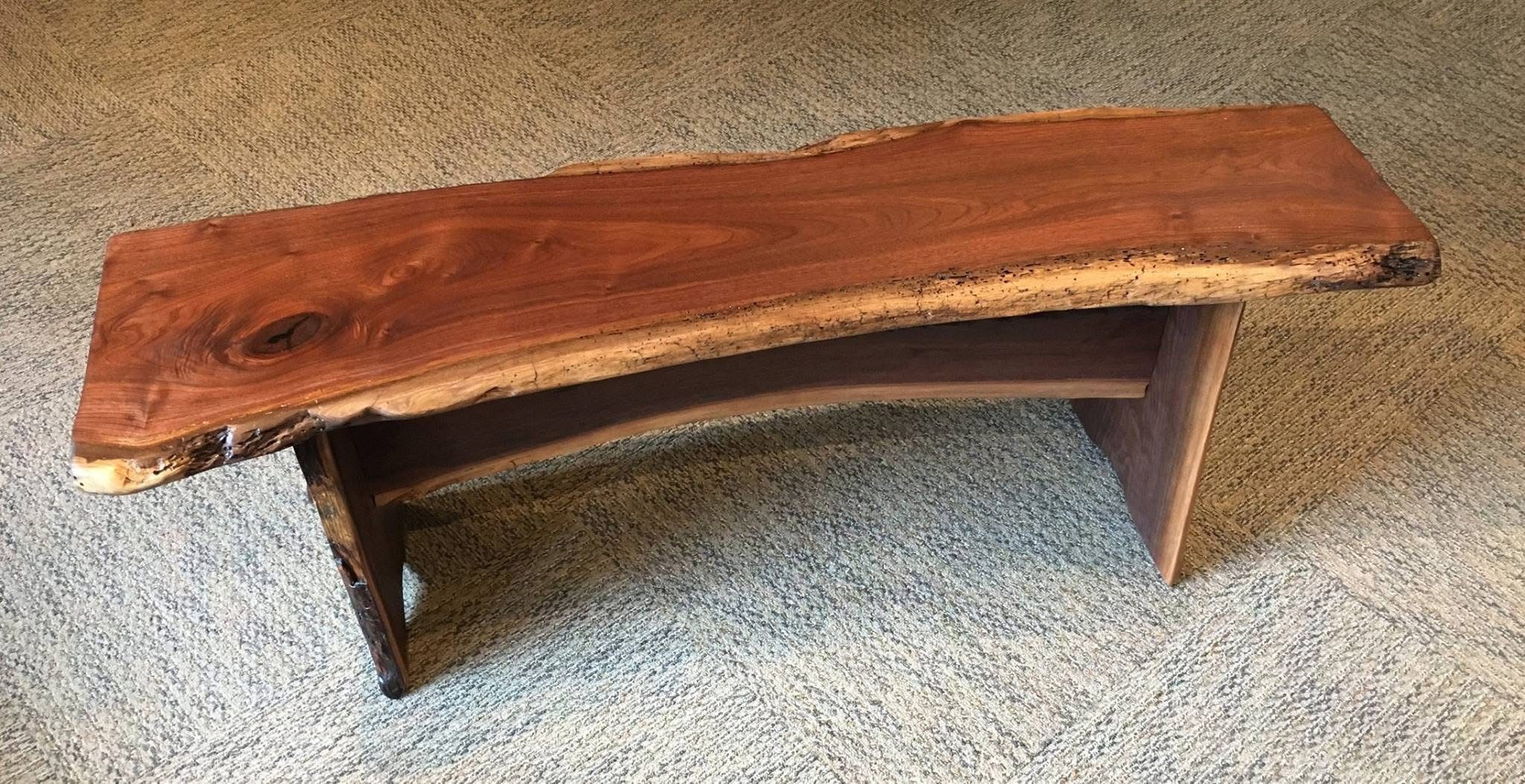 black walnut live edge bench with wooden legs and crossbar