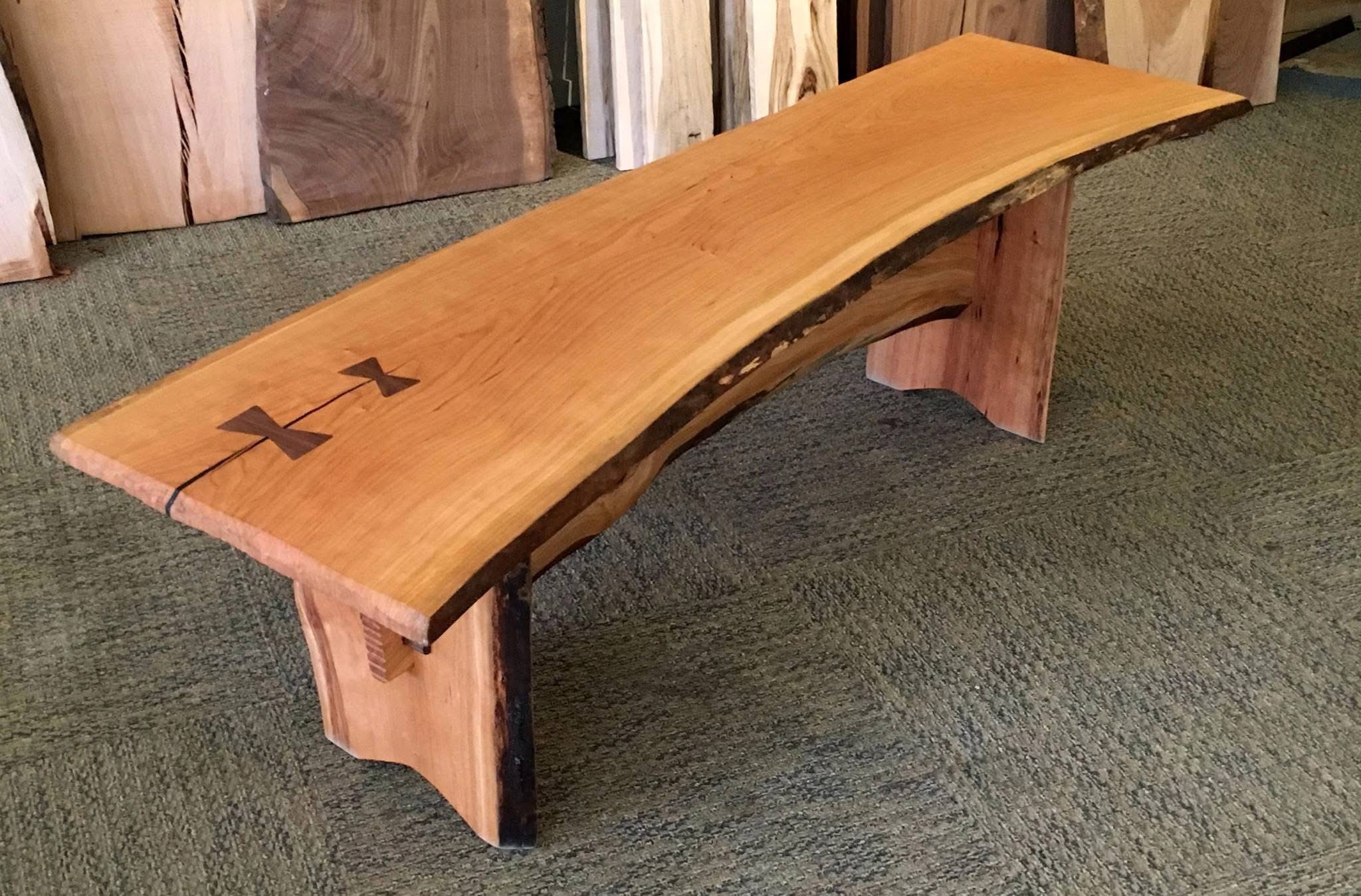 cherry live edge bench with black walnut butterflies (two on one side)
