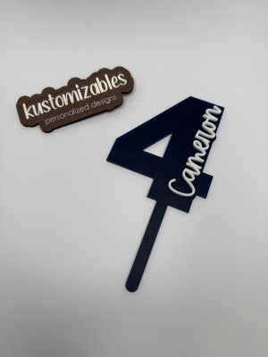 Acrylic Cake Topper in shape of a 4 with the name Cameron on the side