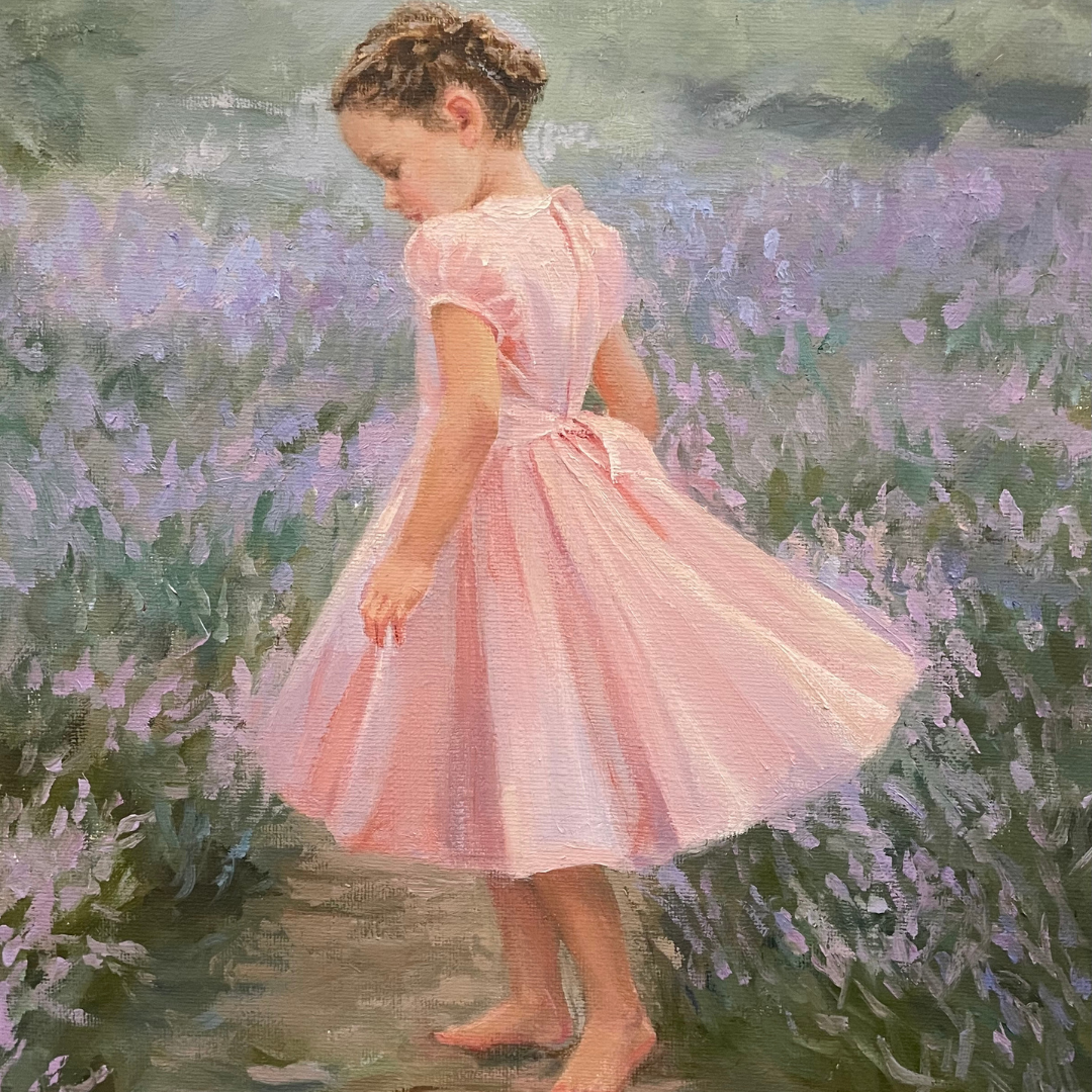 Dreamy oil portrait of Elise dancing in a lavender field in a classic chic pink smocked dress.