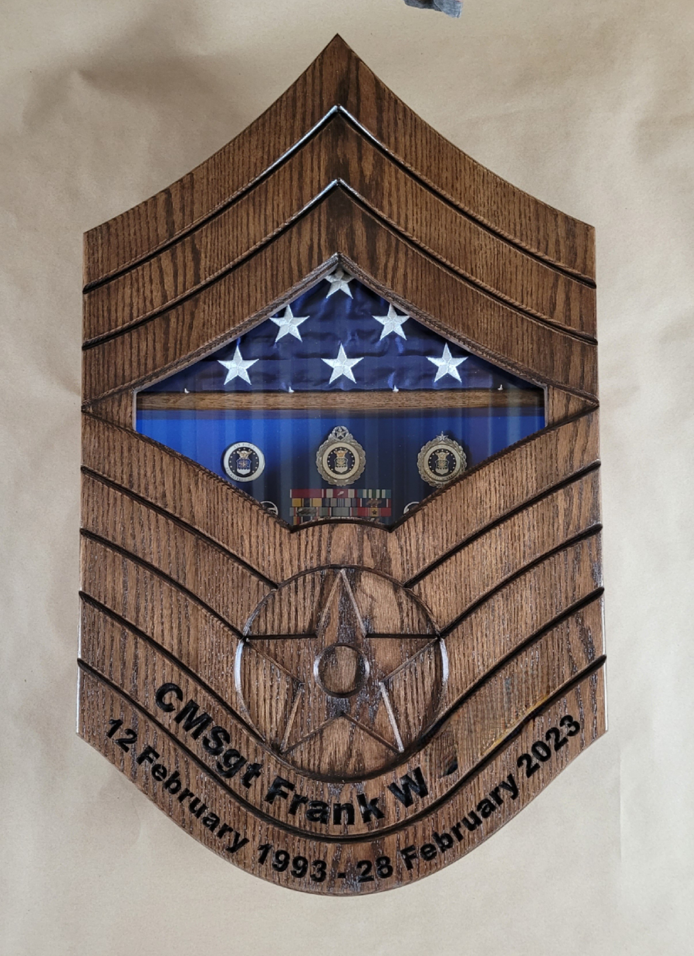 Oak CMSgt Shadowbox with hinged face and engraved lower stripes