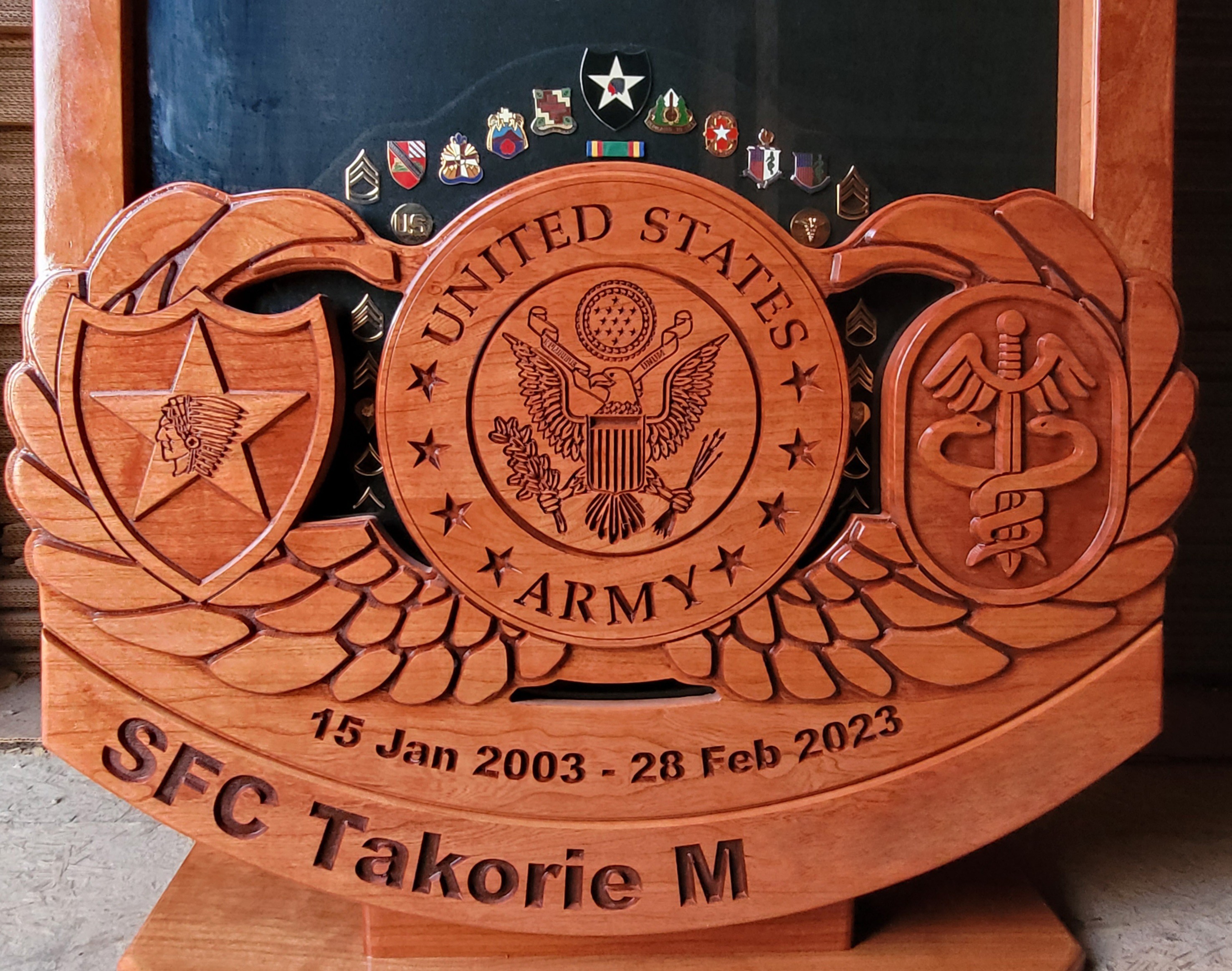 Custom Cherry Army Badge Shadowbox for a Uniform