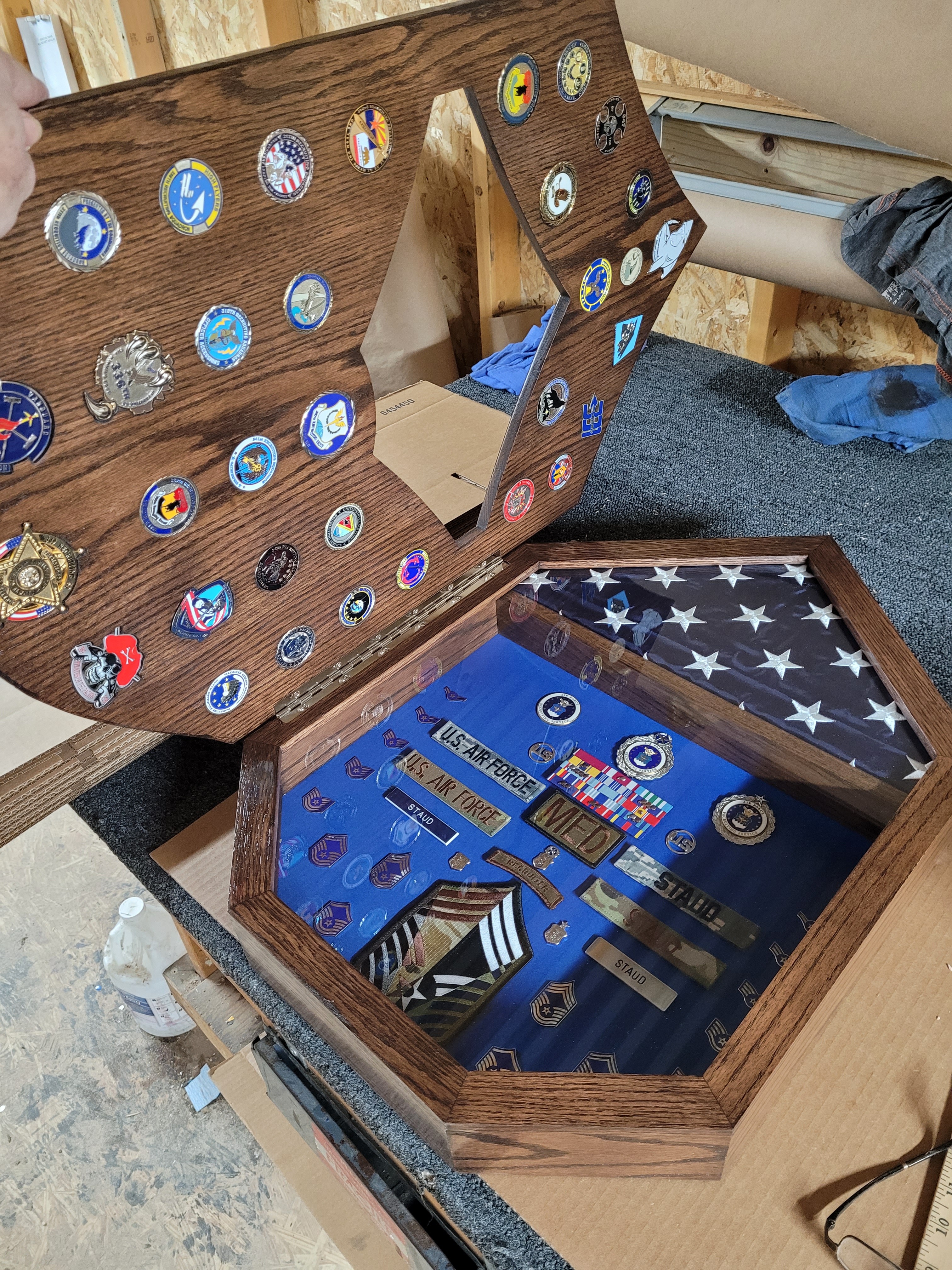 Oak Hinged CMSgt shadowbox with 34 inlayed coins