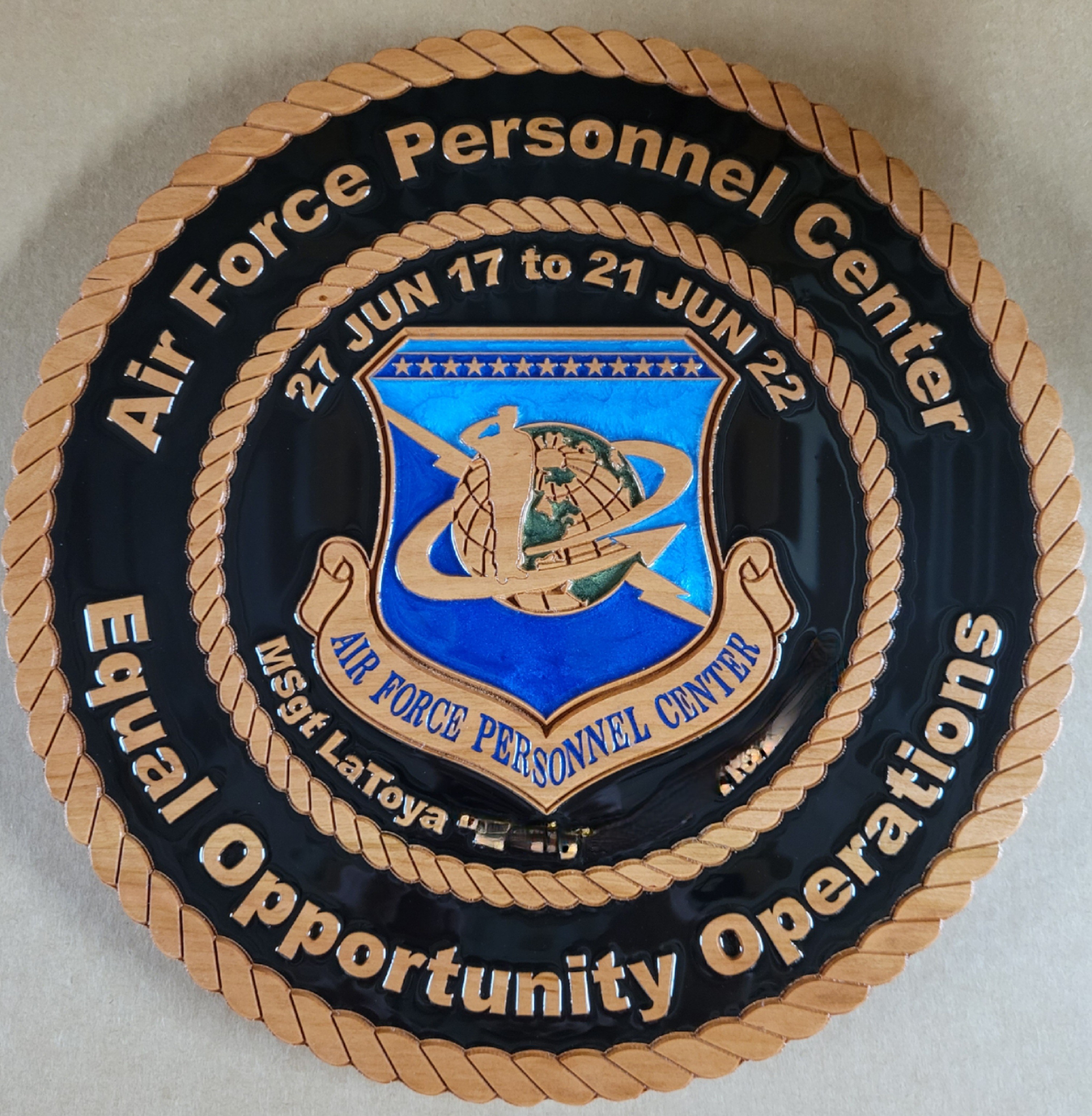 Cherry Custom Plaque with Air Force Personnel Patch CNC engraved with colored epoxy fill.