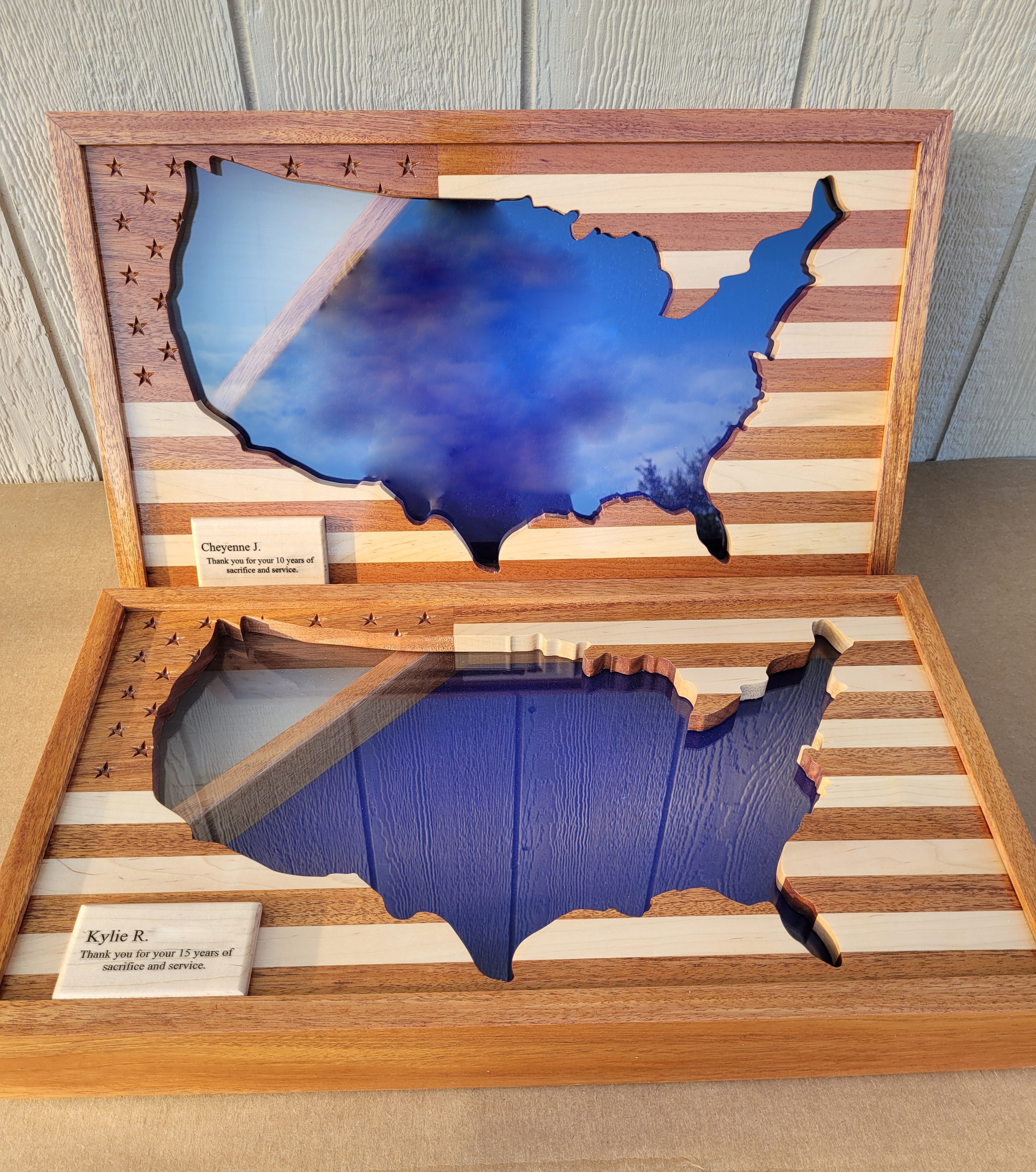 Maple and Mahogany Rectangular United States Shaped Shadowboxes with Flag Holder.