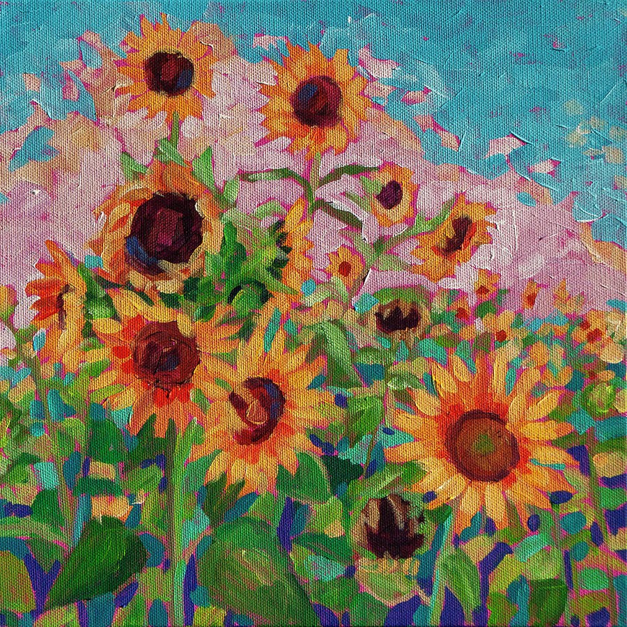 Small Painting of vibrant yellow sunflowers in field