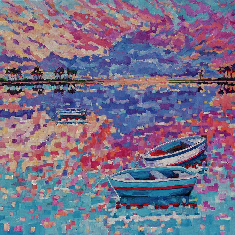 Three row boats on water at sunset, vibrant and pixelated