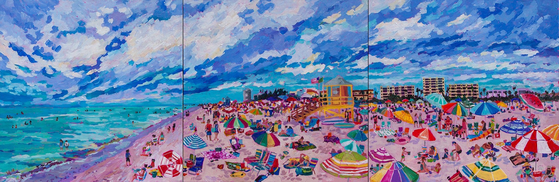 Crowded panoramic beach scene filled with umbrellas and people on beach