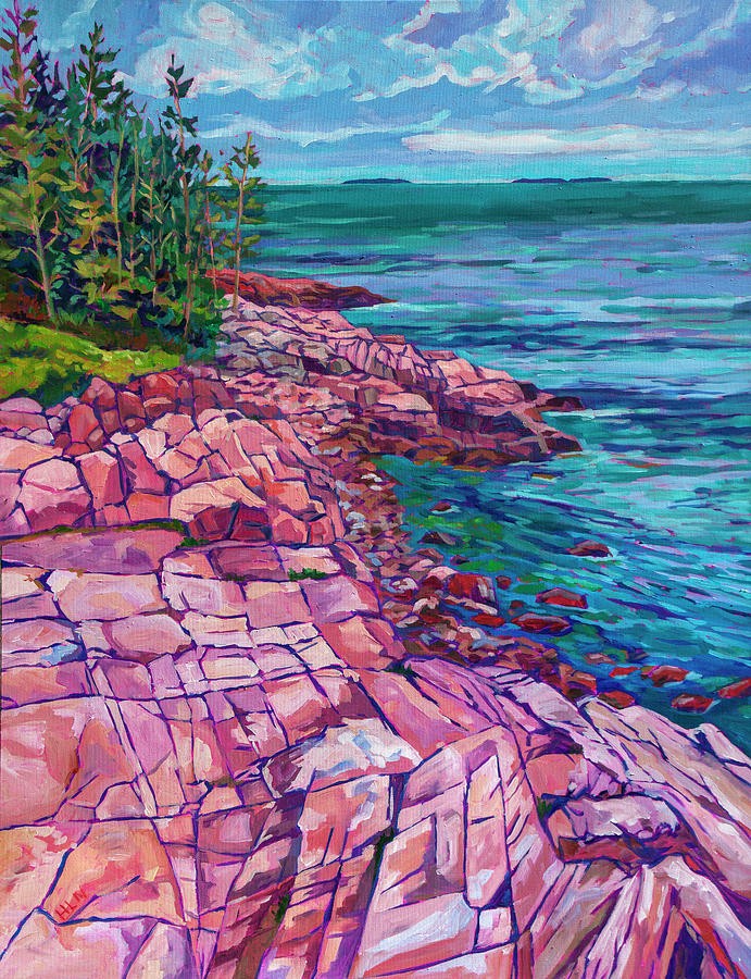 Pink rocky coast of Maine with water and trees, part of Mount Desert Island in Acadia National Park