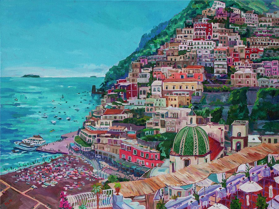 Village of Positano Italy with buildings climbing up hillside, along with the sea, a crowded beach and the dome of the church on the Amalfi Coast