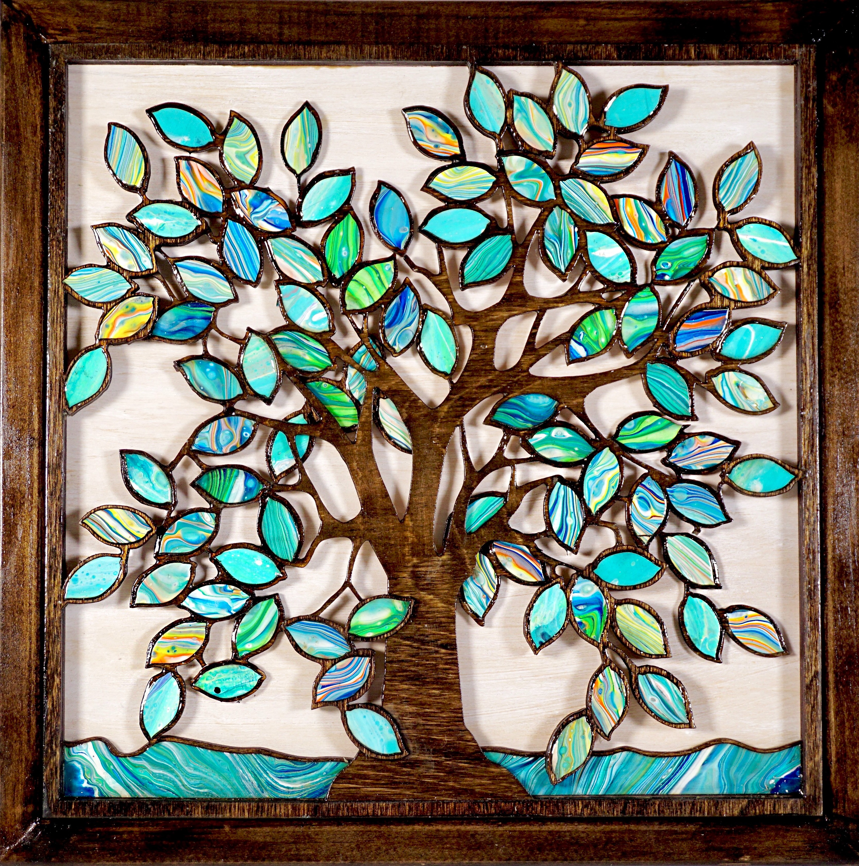 Tree Painting with wood mosaic turquois leaves wall sculpture