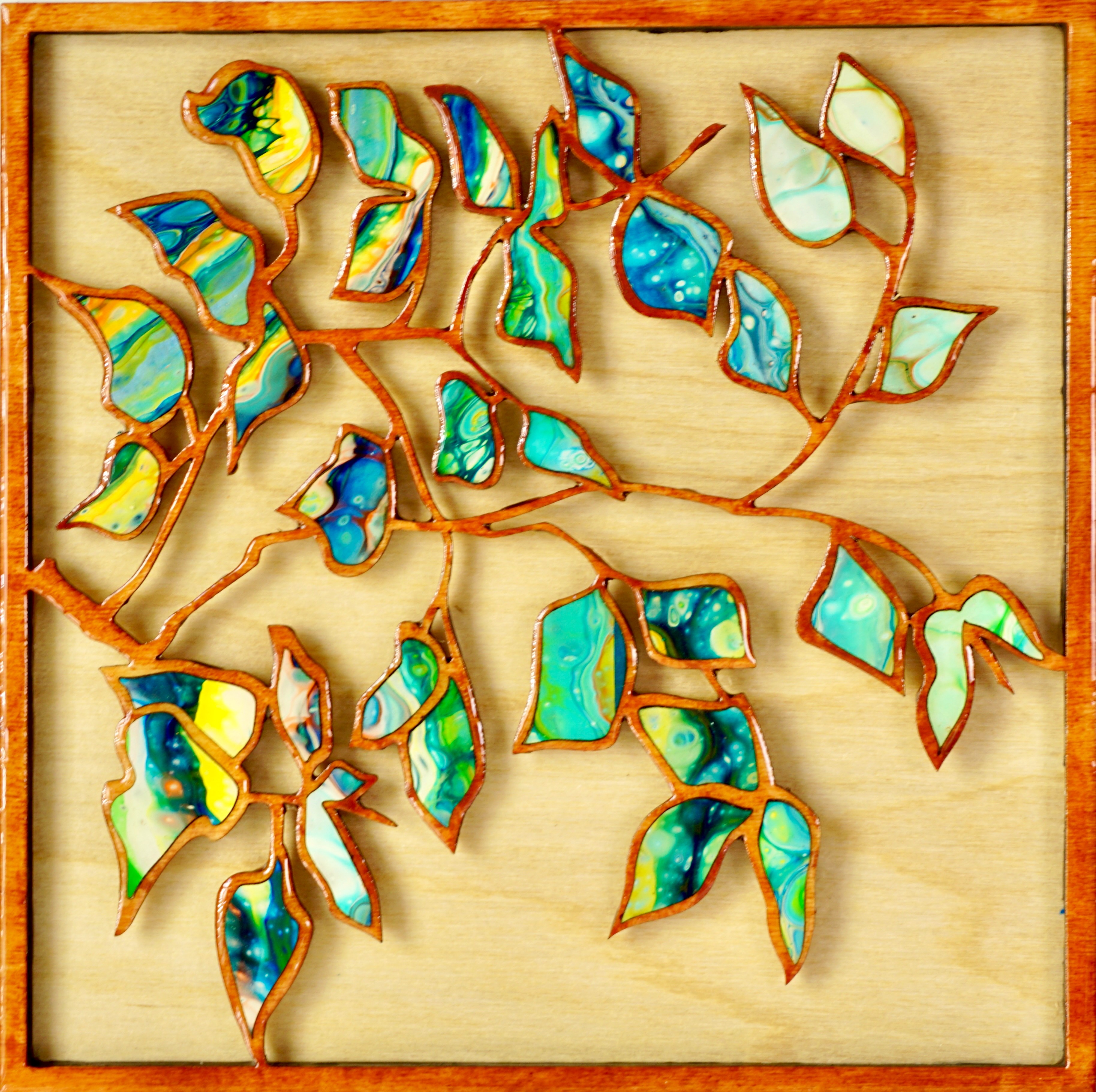 Tree Painting, Tree Wall Sculpture, delicate wood mosaic of colorful tree leaves