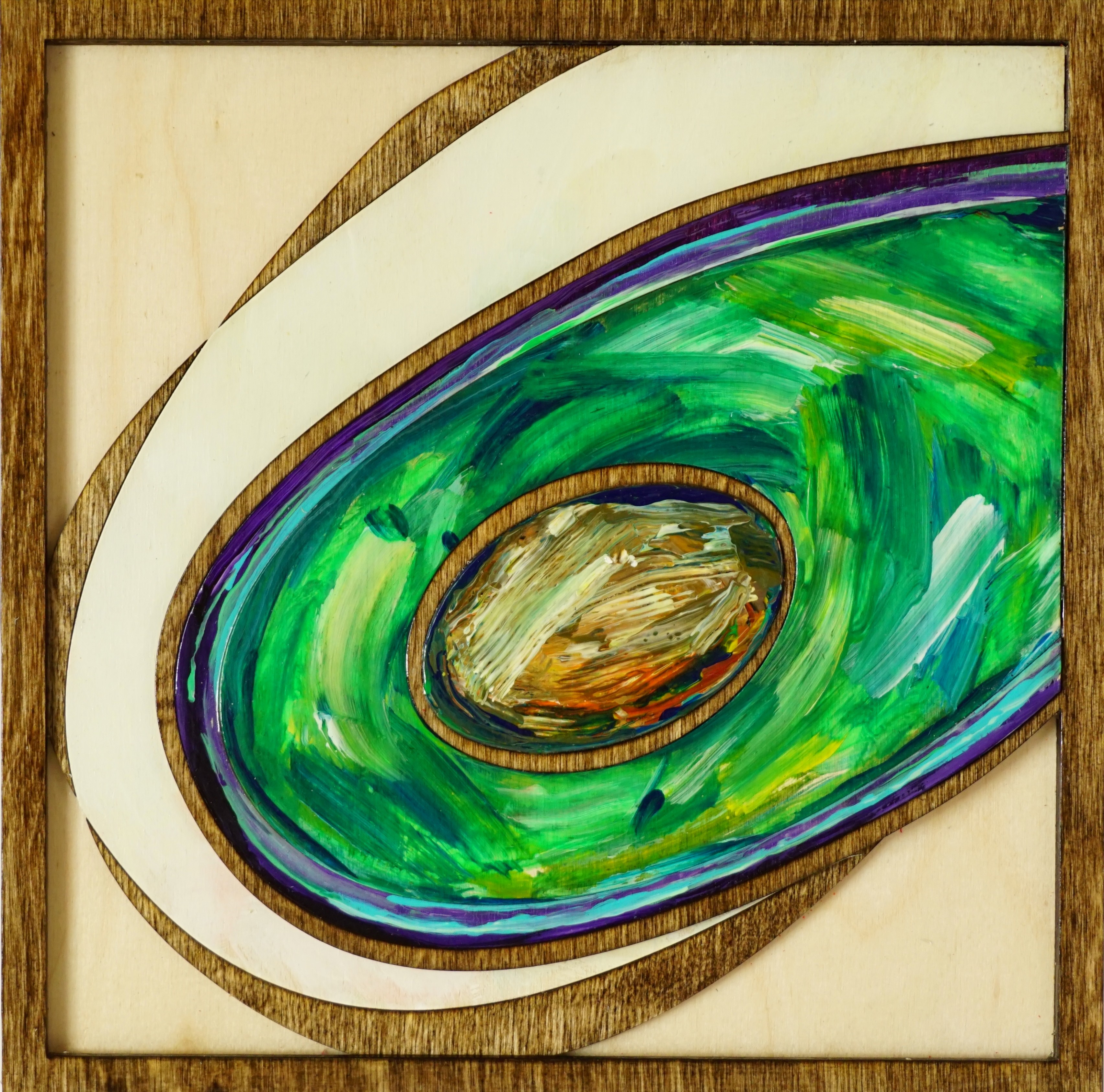 Avocado painting, abstract avocado painting, wood mosaic of avocados