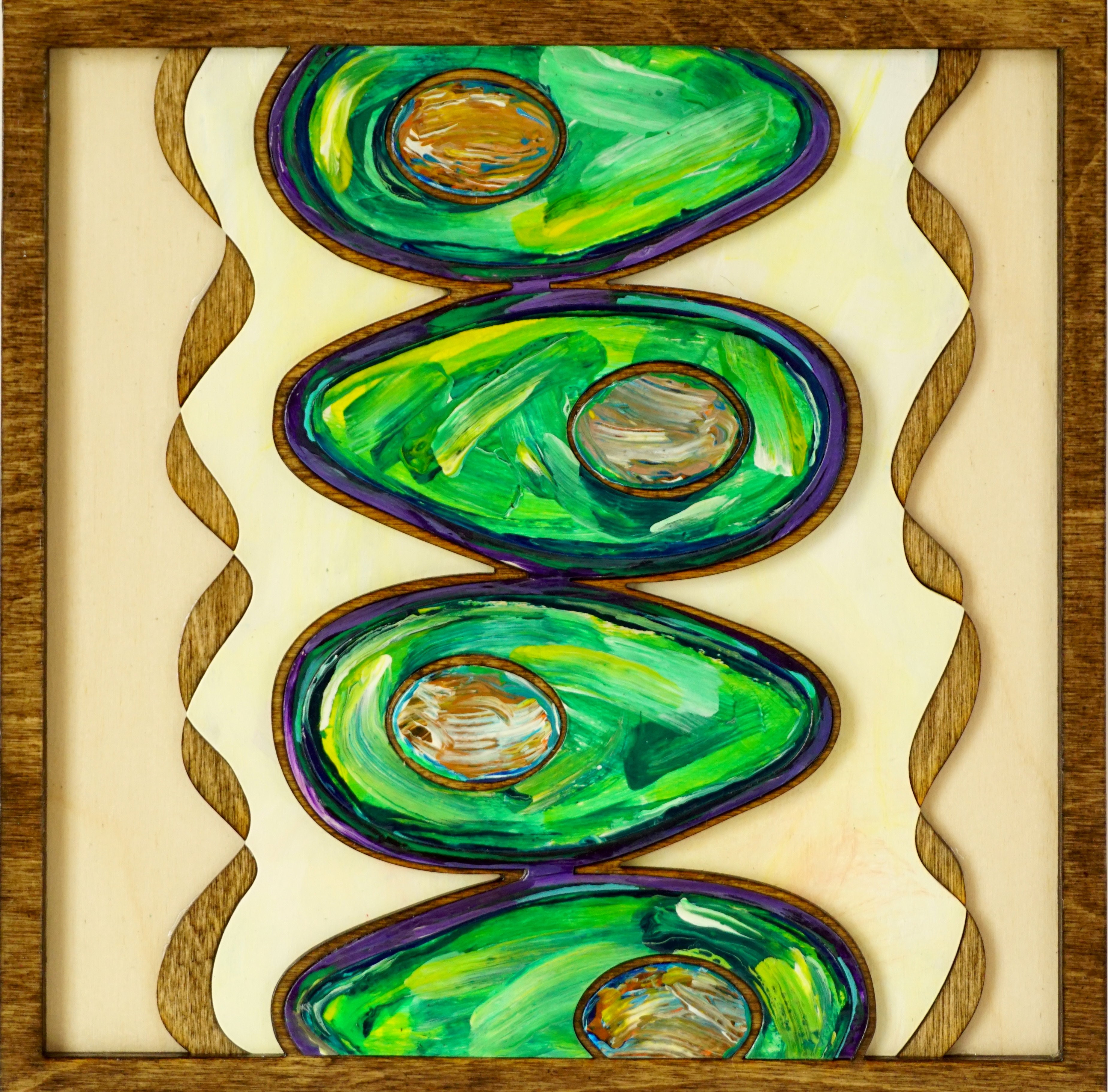 Avocado painting, green avocados inlaid with stained wood mosaic with accents of yellow, and purples