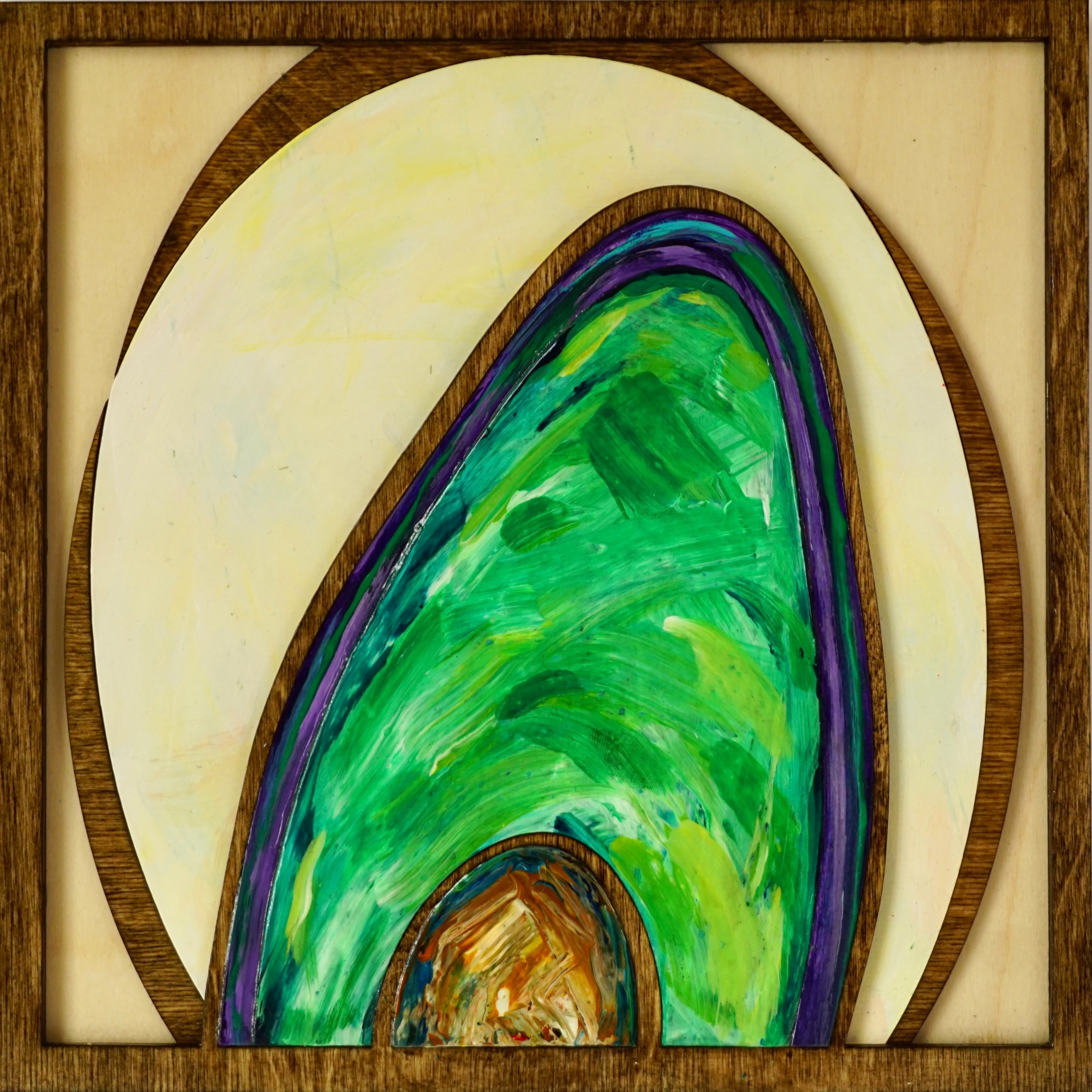 Avocado Painting, green avocado mosaic with stained wood,