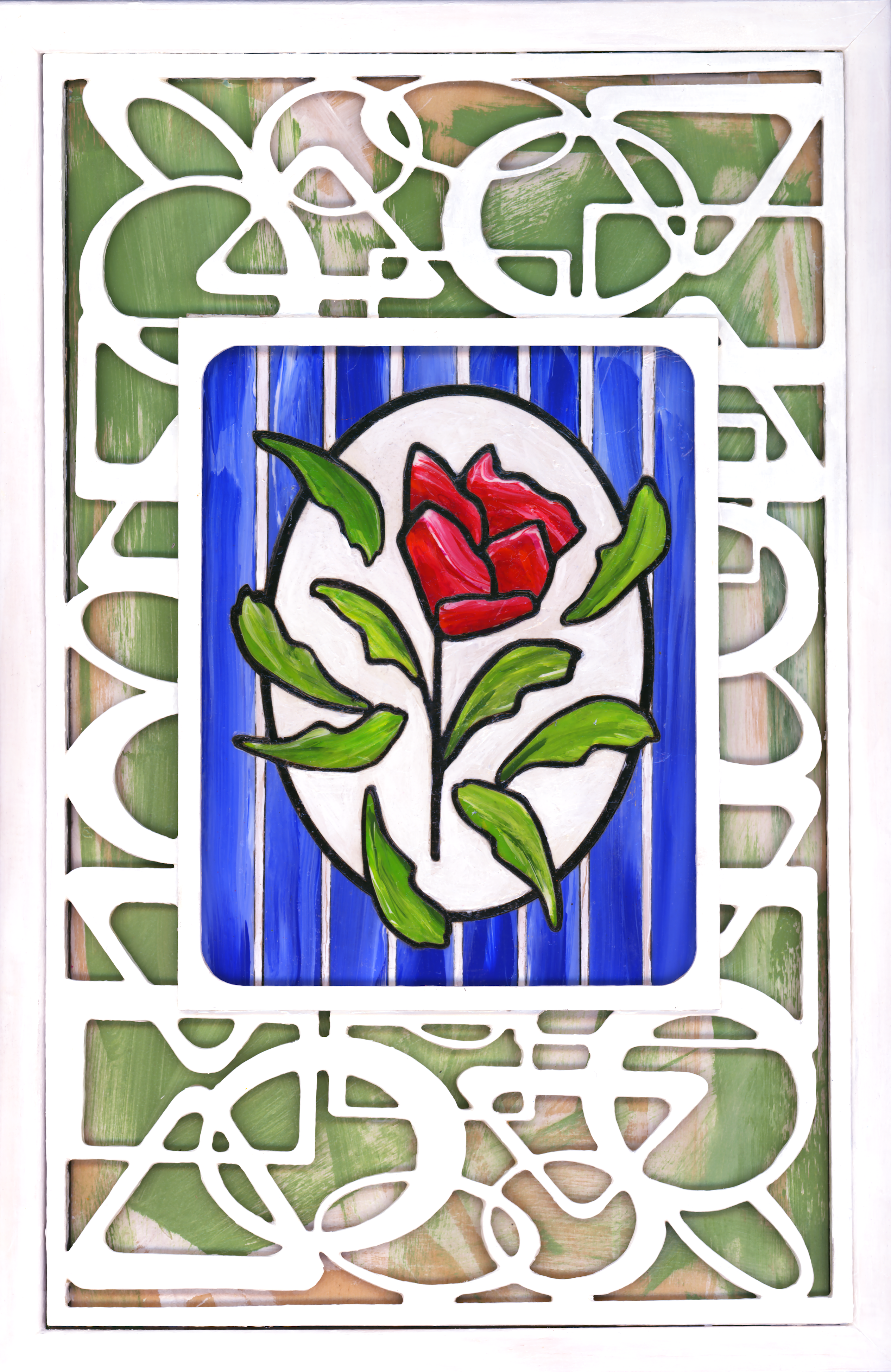 3D Red Rose artwork. A single rose stands out against a pristine white geometric trellis and sky-blue backdrop - a symbol of elegance and individuality. the stacked layers of birchwood panels creates unique shadows and depth.